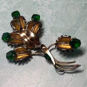 Vintage Sterling silver stamped floral brooch with gorgeous green rhinestones